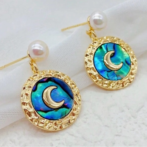 Abalone Shell Crescent Moon~ Rainbow Iridescent Celestial 18K Coin Pearl Earring